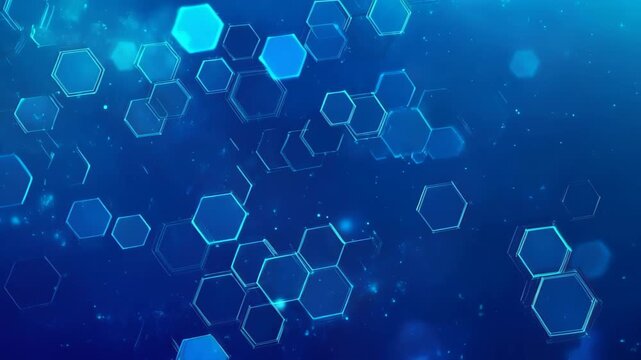Hexagonal Blue Abstract: A mesmerizing display of interconnected blue hexagonal shapes float against a vibrant blue backdrop. Showcasing the beauty of scientific structure and abstract patterns.