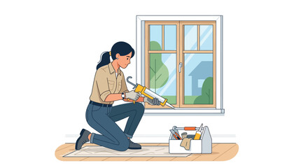 Fototapeta premium Female Handyperson Sealing Window with Caulking Gun. Home Renovation, Maintenance, and Weatherization Illustration.