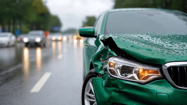 Damaged green car rear bumper in rainy traffic, collision impact detail, wet asphalt reflections, blurred vehicles behind, realistic insurance claim documentation car accident, rea