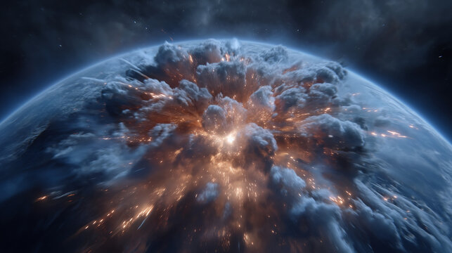 Massive cosmic planet impact with explosive shockwave, molten celestial bodies colliding in deep space, glowing debris, fire burst, realistic dramatic universe catastrophe planetar