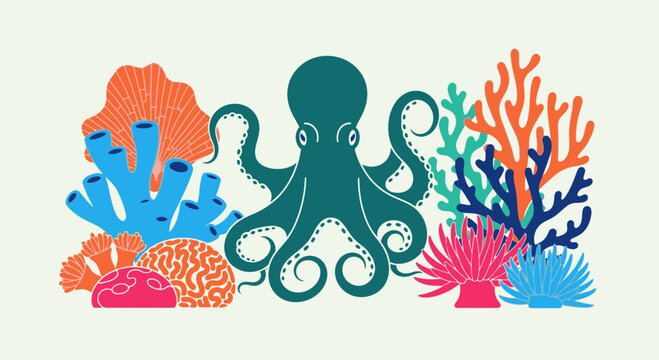 Colorful Octopus with Coral Reef.