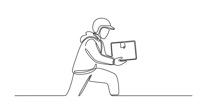 Delivery man running with package, continuous line drawing, fast service, courier with box