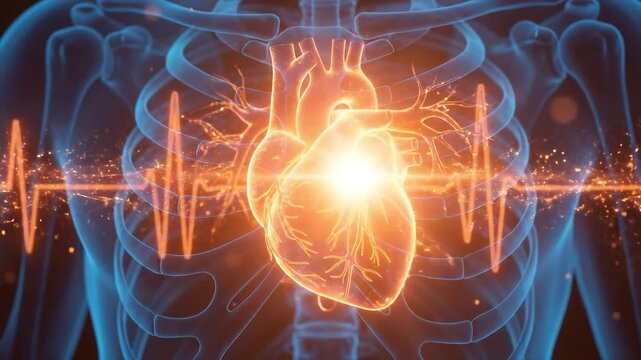 Human heart anatomy visualization with electrocardiogram waveform, suitable for medical education, cardiology research, health news, and clinics.