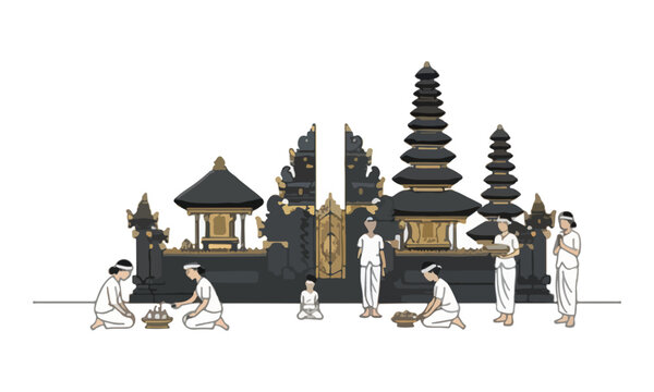 Balinese People Performing Hindu Ceremony at Temple Illustration
