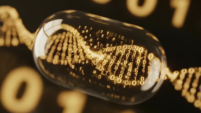 An avant-garde visual representation of pharmacogenomic drug matching featuring a luminous binary DNA sequence orbiting inside a translucent pharmaceutical capsule within a dark cyberspace environment