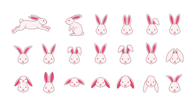 Collection of various rabbit face illustrations.