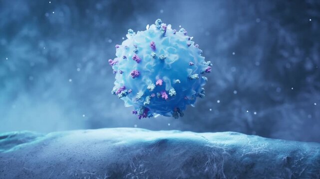 3D animation of immune system cell leukocyte floating over biological surface in microscopic environment.