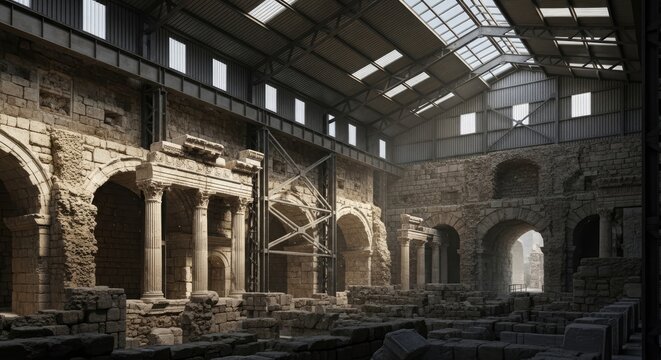 Ancient ruins interior with columns arches and sunlight streaming through windows