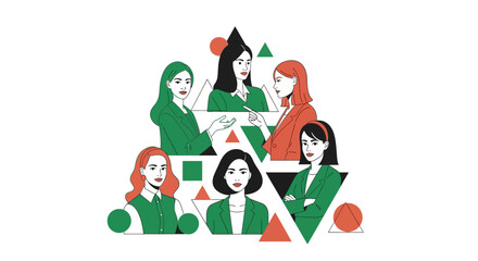 Naklejka premium Professional Diverse Women Teamwork and Corporate Leadership Illustration - Minimalist Flat Vector of Business Colleagues Collaborating in an Abstract Geometric Composition