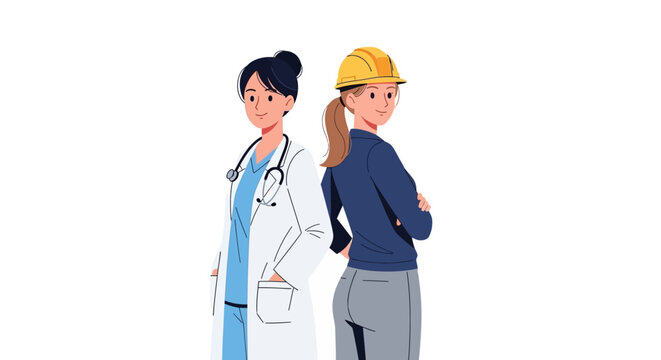 Professional Women Career Illustration: Female Doctor in Lab Coat and Female Construction Engineer in Hard Hat Standing Back to Back