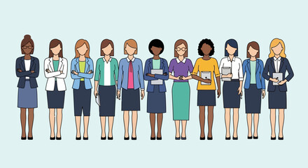 Obraz premium Diverse Group of Professional Businesswomen Standing in a Row, Flat Vector Illustration Concept for Diversity and Inclusion