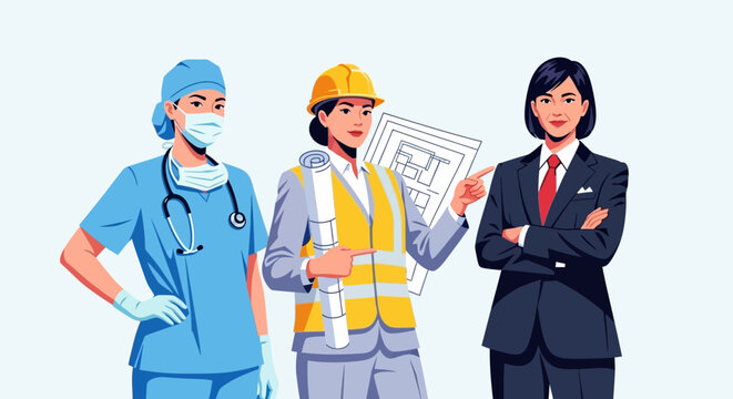 Diverse Professional Women Leaders in Healthcare Engineering and Business Career Empowerment and Gender Equality Concept Vector Illustration