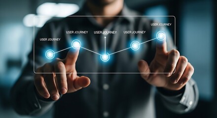 Fototapeta premium User journey mapping concept. A UX specialist's hands trace a simple user path on a holographic interface, with touchpoints lighting up sequentially.