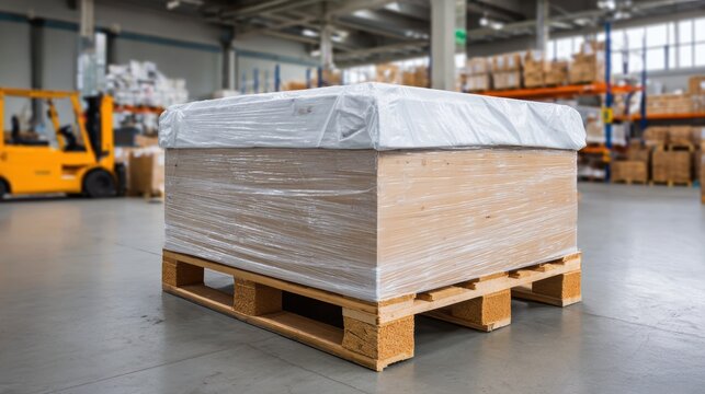 Shrink wrapped box on a wooden pallet ready for transport in warehouse interior