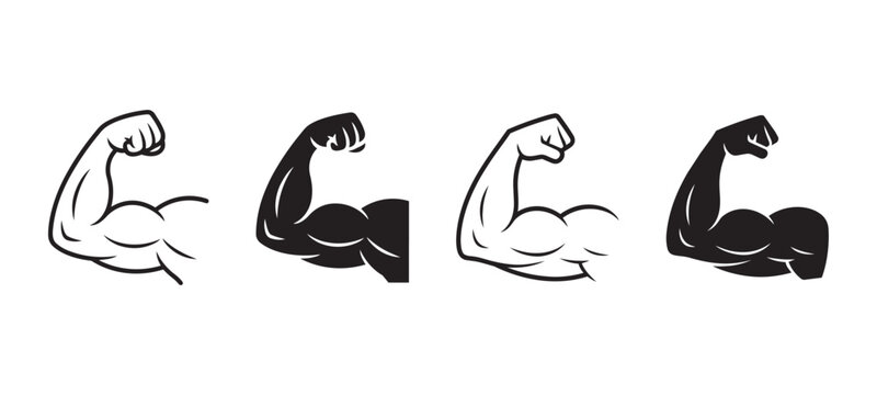Bodybuilding silhouette set. Flexing strong arm graphic. Outline and solid muscle versions. Vector athletic symbols for sports and health identity.