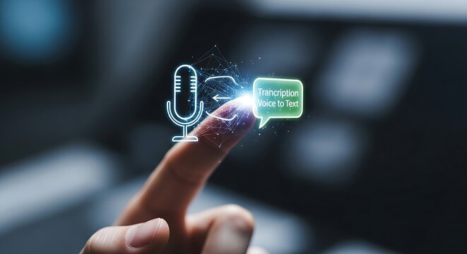 Voice transcription technology. A close-up of a finger touching a holographic microphone icon, which transforms into a text icon, symbolizing speech-to-text.