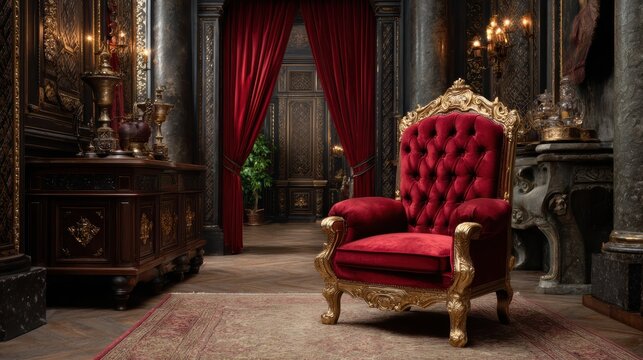 Ornate throne room interior with a luxurious red velvet chair and opulent d&eacute;cor