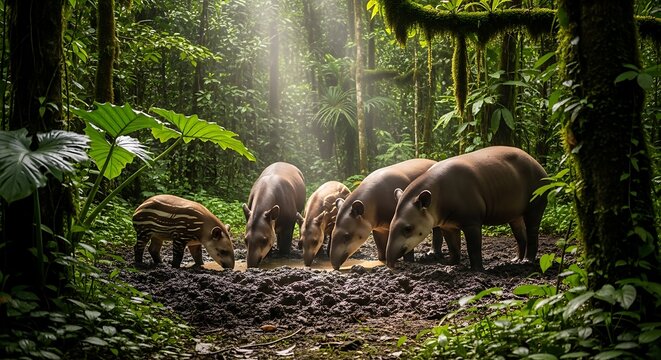 wild tapirs gathered around a muddy mineral salt lick