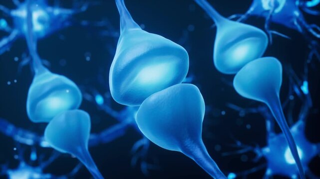 Abstract 3d animation of human neuron synapses sending electrical signals in blue digital brain network.