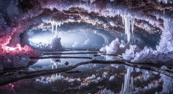 Mysterious cavern interior with crystal formations and reflecting water