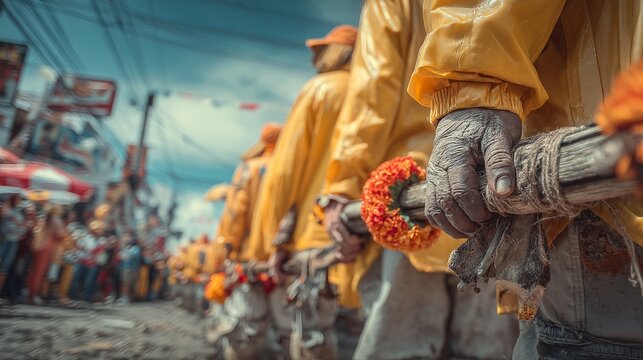 Participants in Yellow Raincoats Carry Symbolic Objects During Procession
