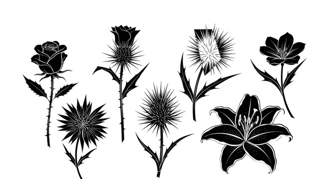 Botanical Silhouettes: Rose, Thistle, and Lily illustrations on white background