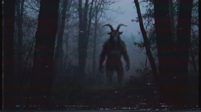 Creepy goat demon monster standing in a dark foggy forest. Found footage horror concept with VHS glitch and static effects
