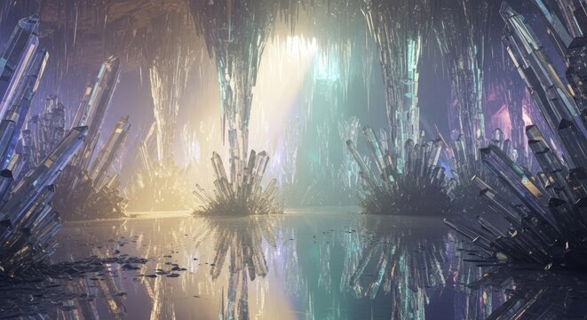 Mystical crystal cavern illuminated by ethereal light reflecting on water