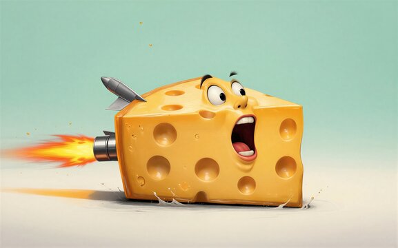 Cheesy rocket with face screaming as flames erupt from its sides.