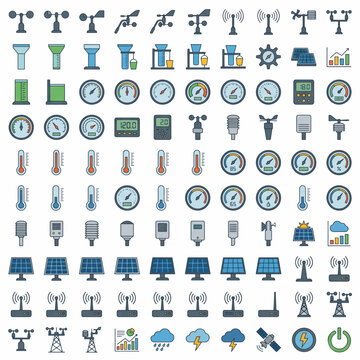 Collection of weather instruments and meteorological icons.