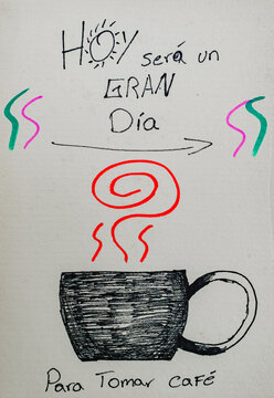 Ilustraci&oacute;n art&iacute;stica con taza de caf&eacute; y frase motivacional en espa&ntilde;ol