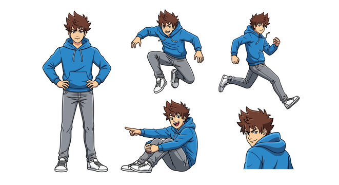 Young anime style boy character wearing a blue hoodie in multiple action poses isolated on a plain white studio background