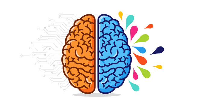 Split brain illustration showing logical analytical side with data points and creative colorful side with splashes