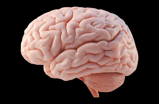 Realistic 3D rendering of the human brain anatomy model on a black background