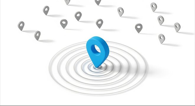 Blue location pin icon with ripple effect among several grey pointers on white background