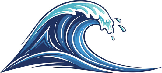Fototapeta premium Stylized blue ocean wave illustration isolated on white background.