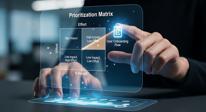 Product feature prioritization. A product manager's hands use a holographic prioritization matrix (effort vs. impact), moving an icon to the 'high impact, low effort' quadrant.