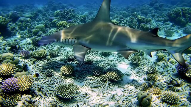 A hammerhead shark swims over colorful coral reef in clear, blue ocean water