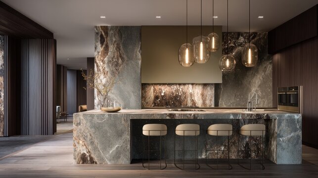 Modern kitchen interior design featuring elegant marble countertops, stylish pendant lighting, and minimalist furnishings for a luxurious ambiance in a contemporary home setting.