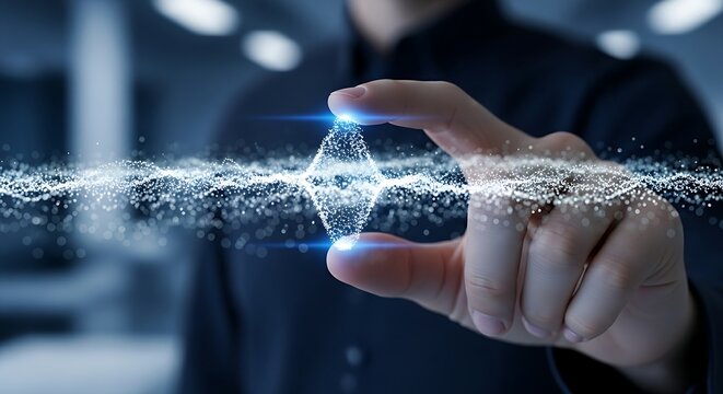 Data clustering analysis. A close-up of a finger 'pinching' to zoom in on a data cluster in a holographic scatter plot, isolating a specific group for analysis.