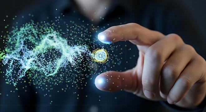 Data clustering analysis. A close-up of a finger 'pinching' to zoom in on a data cluster in a holographic scatter plot, isolating a specific group for analysis.