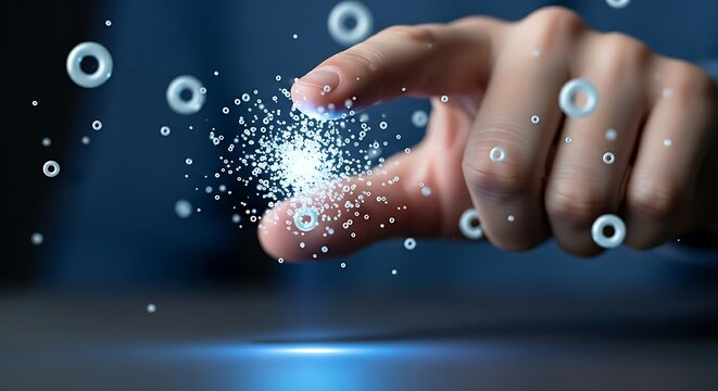 Data clustering analysis. A close-up of a finger 'pinching' to zoom in on a data cluster in a holographic scatter plot, isolating a specific group for analysis.