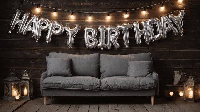 Happy birthday banner with decorated room interior and sofa