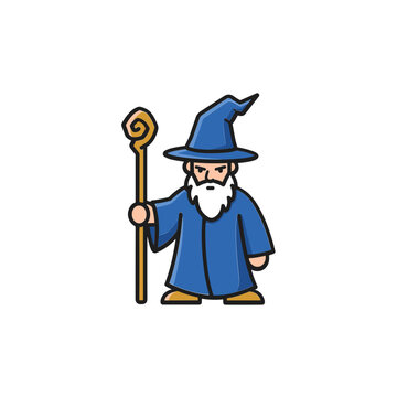Cartoon Wizard with Magic Wand, Blue Robe and Hat, White Beard.svg