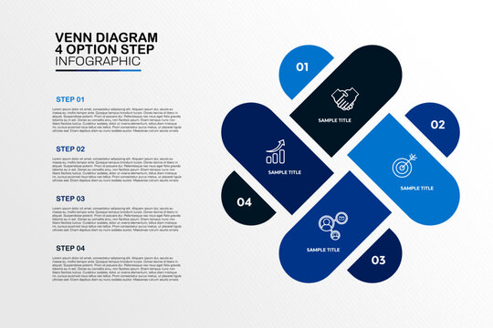 Venn diagram infographic template with 4 options for visual presentations or reports for business or marketing. Venn diagram 4 options. Vector editable.