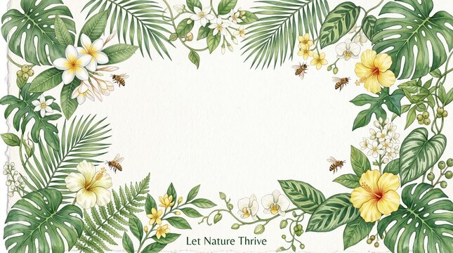 A floral border with tropical leaves, flowers, and bees framing empty space