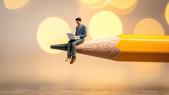 Miniature person working on laptop atop a pencil. Bokeh background