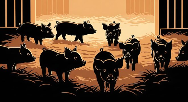 Stylized silhouettes of piglets on hay in a warm barn setting
