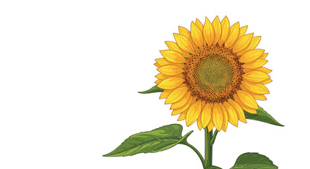 Fototapeta premium Single large sunflower with vibrant yellow petals and a detailed seed center stands tall on a green stem with leaves against a white background.