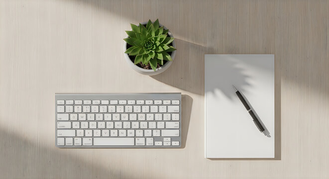 Minimalist workspace, white desk with computer keyboard, notepad, and potted plant, office supplies, natural light